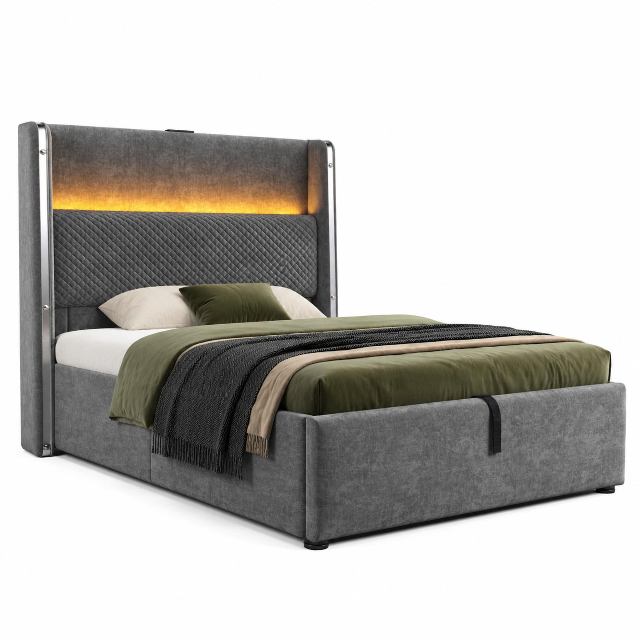 BETT hydraulisch 90x200 cm Leinenoptik Grau mit Matratze - Grau, Metall (90/200cm) - Meubliv