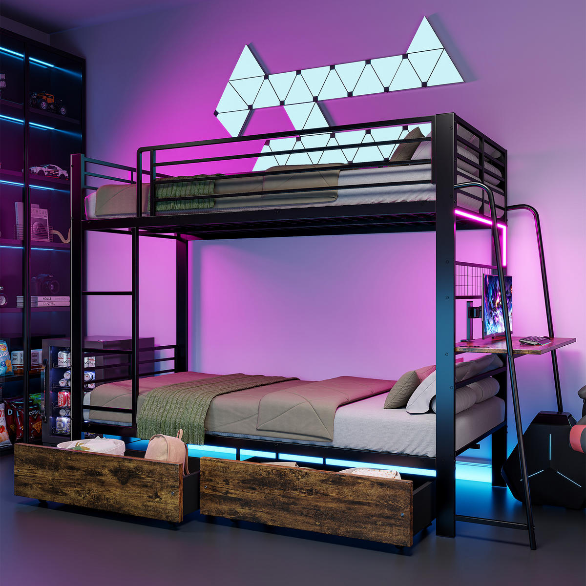 ETAGENBETT 90/200 cm DE-33081 mit Schreibtisch und LED Schwarz - Schwarz, Metall (90/200cm) - ComfortXL