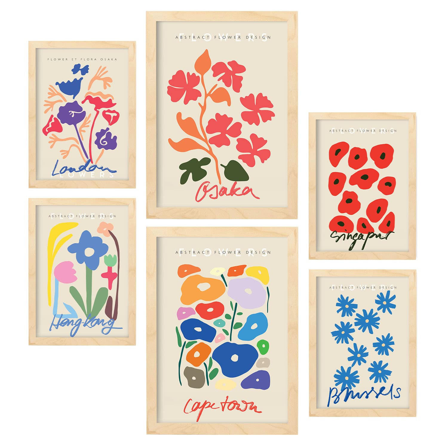 POSTER Set Mit 6 Blumen Sammlung A3 & A4 Rahmen Aus Hellem Holz - Beige, Papier (29/3cm) - Nacnic