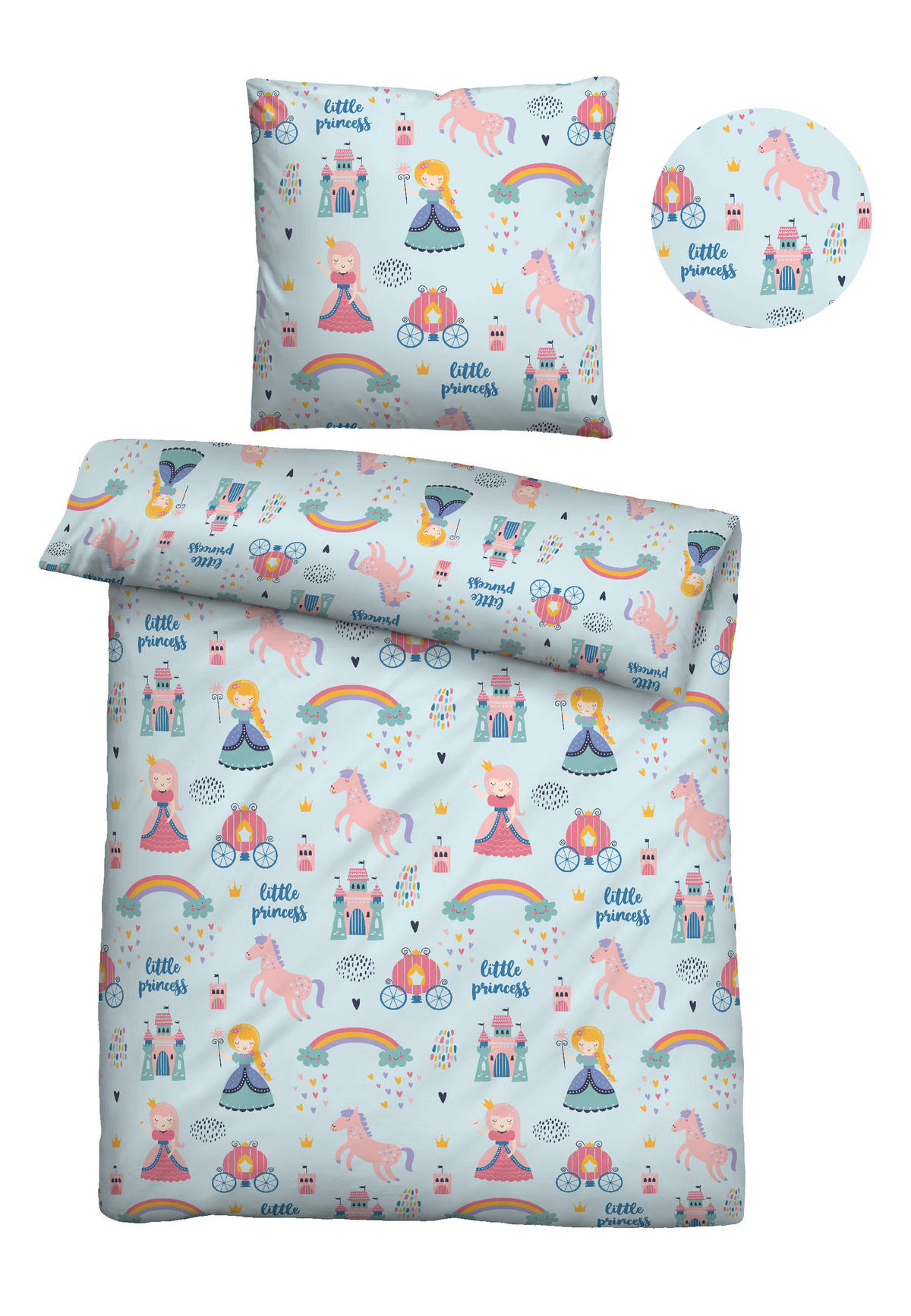 BETTWÄSCHE-GARNITUR Premium Biber Little Princess ciel, 135x200 cm + 80x80 cm - Hellblau, Textil (135/200cm) - biberna