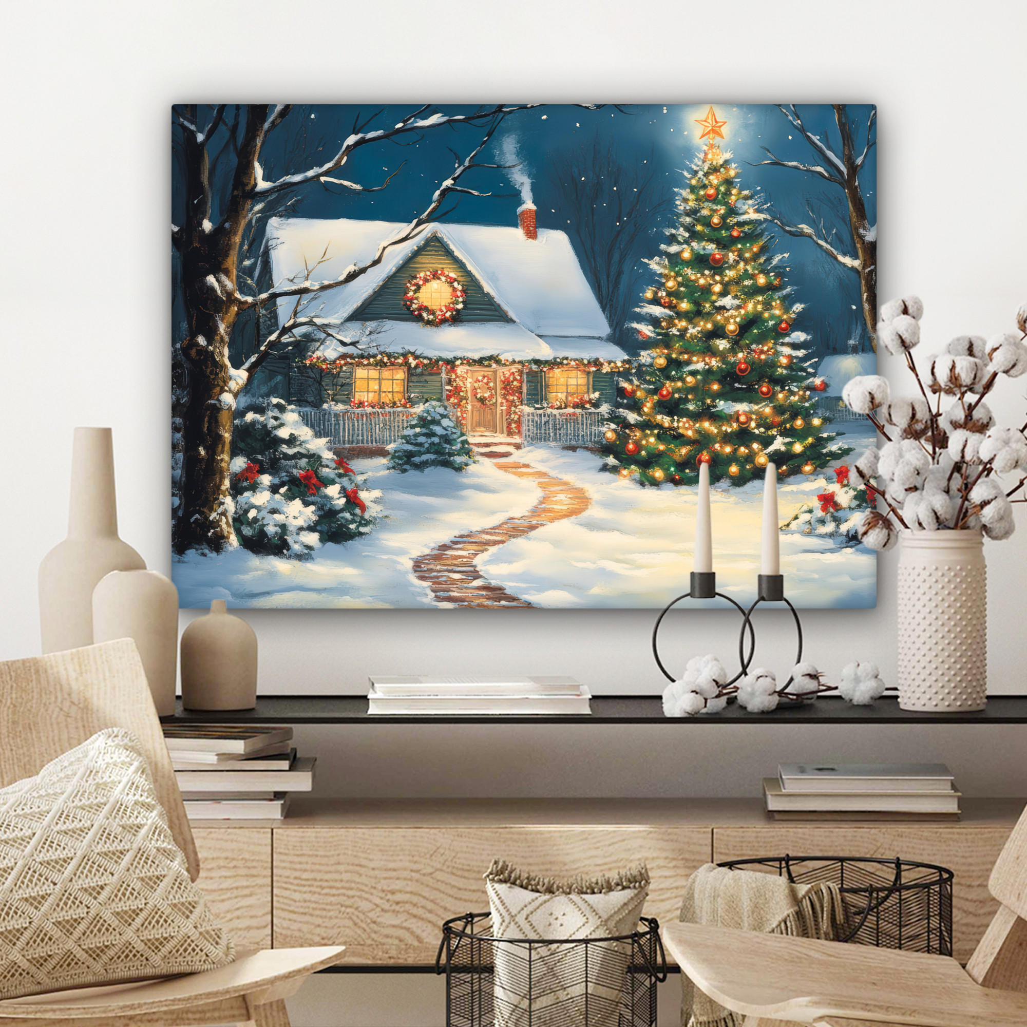 LEINWANDBILD Weihnachten - Weihnachtsbaum - Winter - Zuhause - Schnee Wandbilder 80x60 cm - Smaragdgrün, Textil (80/60cm) - MuchoWow