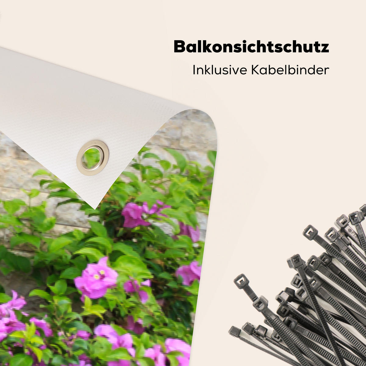 BALKON-SICHTSCHUTZ Blumen - Pflanzen - Blätter - Steine - Pink, Kunststoff (500/130cm) - MuchoWow