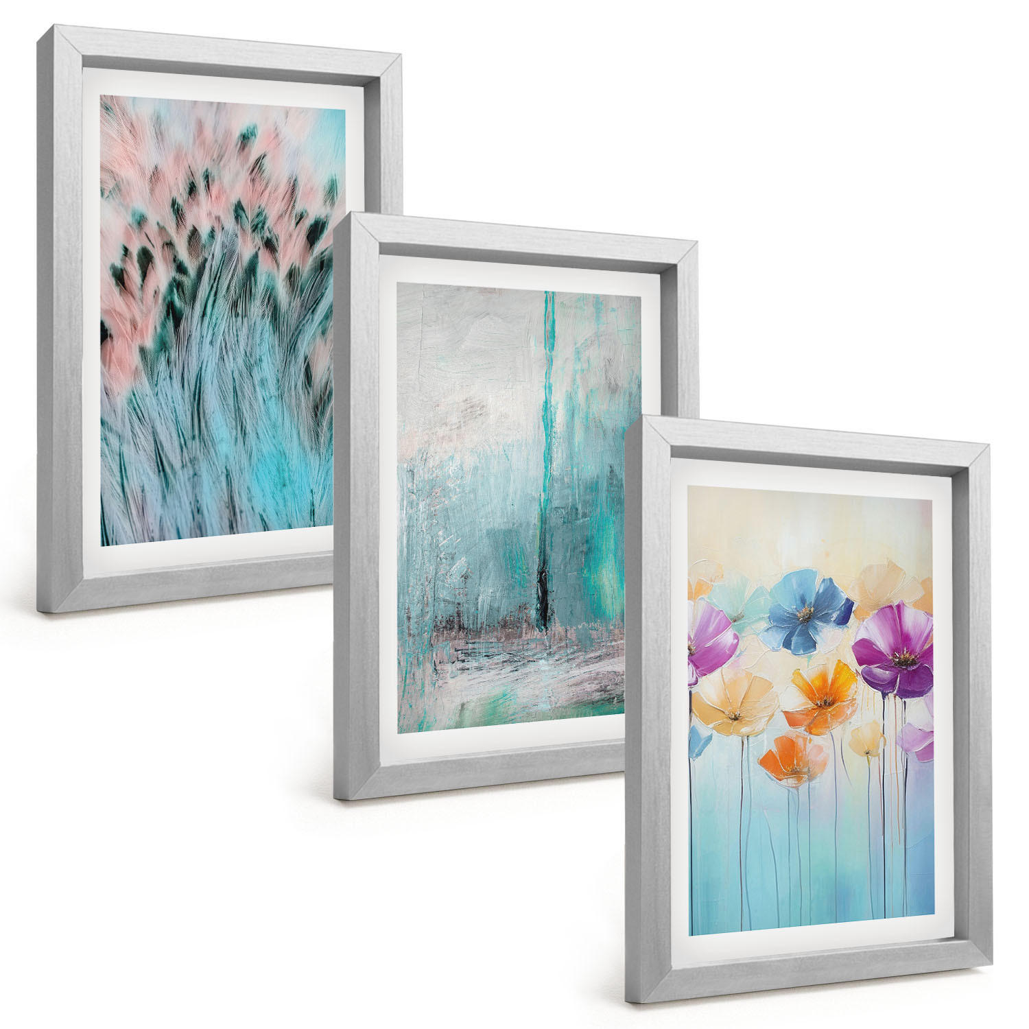 BILDER SET 3er Set - 20x30 cm Silberner Rahmen - Hintergrundmuster mit Pastellblumen - Silberfarben, Kunststoff (20/30cm) - TULUP