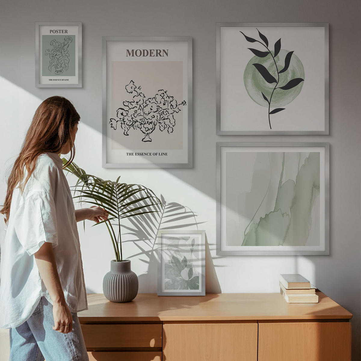 BILDER SET 5er Set - 50x50 cm & 20x30 cm & 40x60 cm Silberner Rahmen - Blumen in einer modernen Vase - Silberfarben, Kunststoff (40/60cm) - TULUP