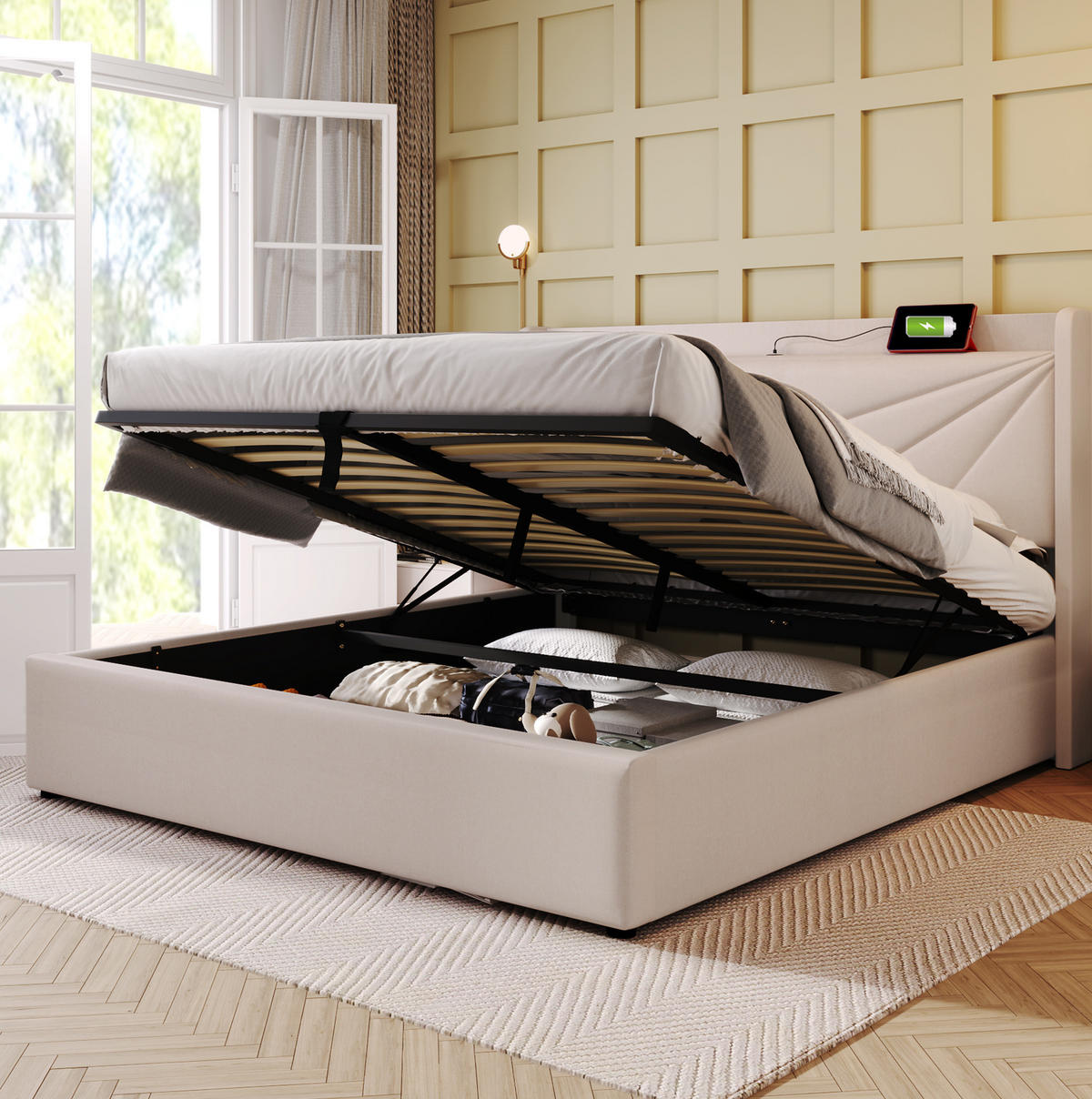 POLSTERBETT aus Baumwoll-Leinen 180x200 cm Beige mit Bettkasten, USB- und USB-C-Anschluss - Beige, Textil (180/200cm) - IVMEU