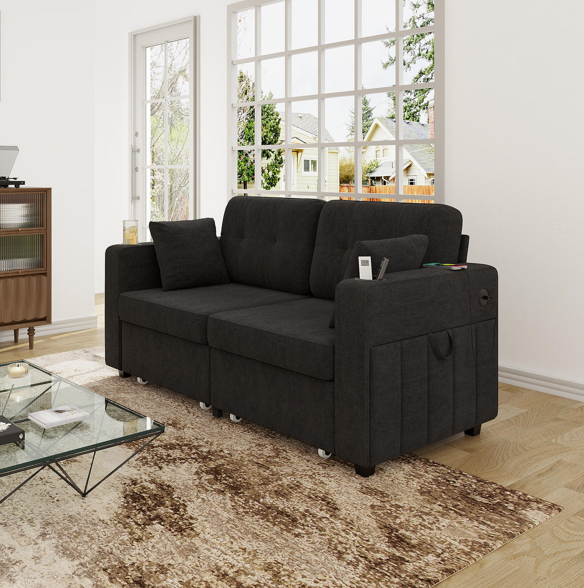 2-SITZER Sofa aus Chenille 172x75x82 cm in Schwarz mit USB & Stauraumschubladen - Schwarz, Textil (75/82/172cm) - Modfu