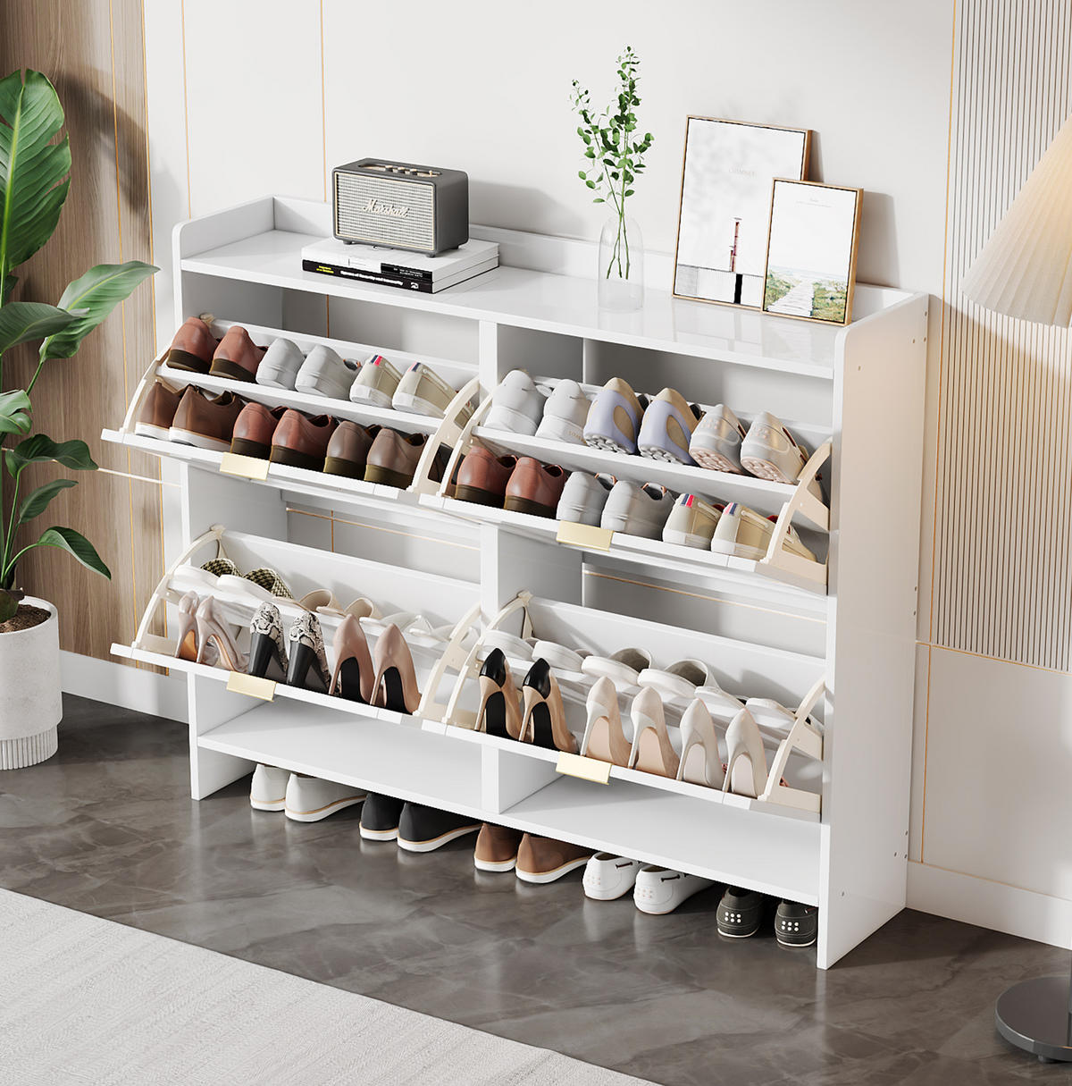 SCHUHSCHRANK mit 4 Klappenfächern 110 x 90 x 24 cm Weiß - Weiß, Holzwerkstoff (24/90/110cm) - Beauniv