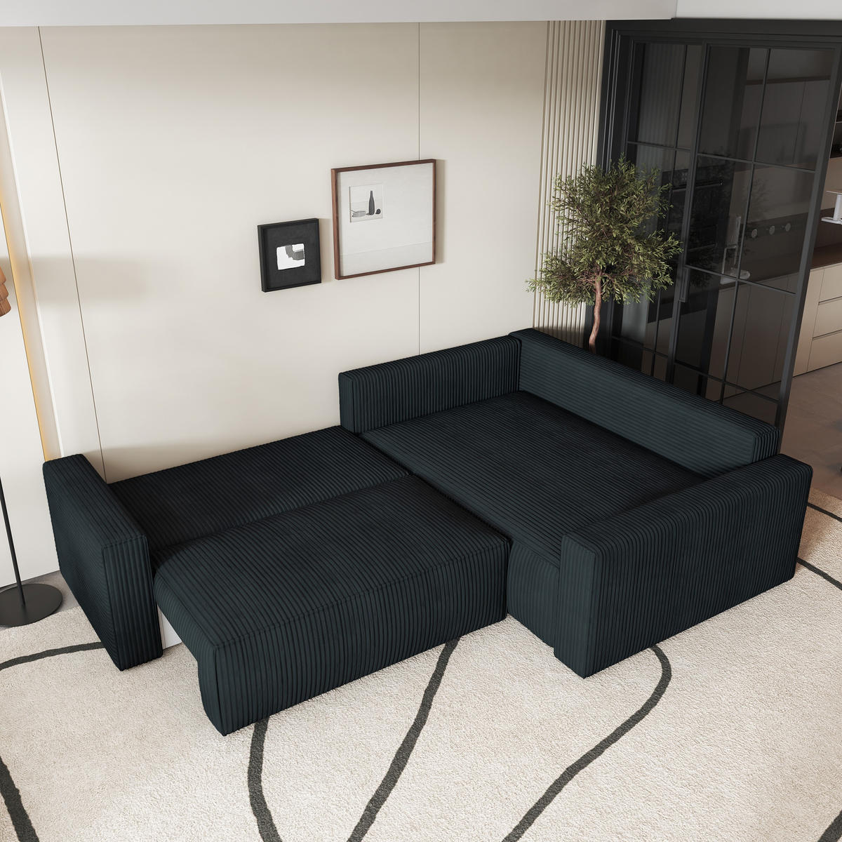 ECKSOFA ERONIS R-S Schwarz Kordstoff mit Schlaffunktion - Schwarz, Holz (265/194cm) - MASSENO