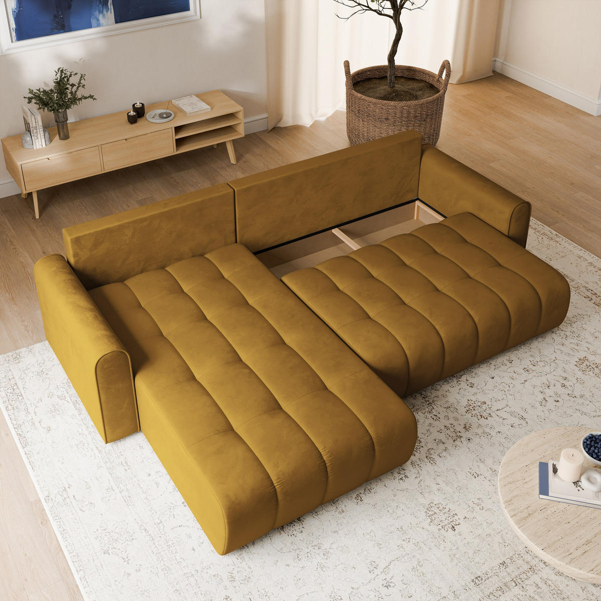 ECKSOFA FRIGA Gelb Velours-Stoff mit Schlaffunktion - Gelb, Holz (283/185cm) - MASSENO