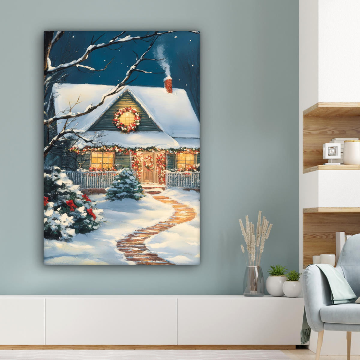 LEINWANDBILD Weihnachten - Weihnachtsbaum - Winter - Zuhause - Schnee 90x140 cm - Smaragdgrün, Textil (90/140cm) - MuchoWow