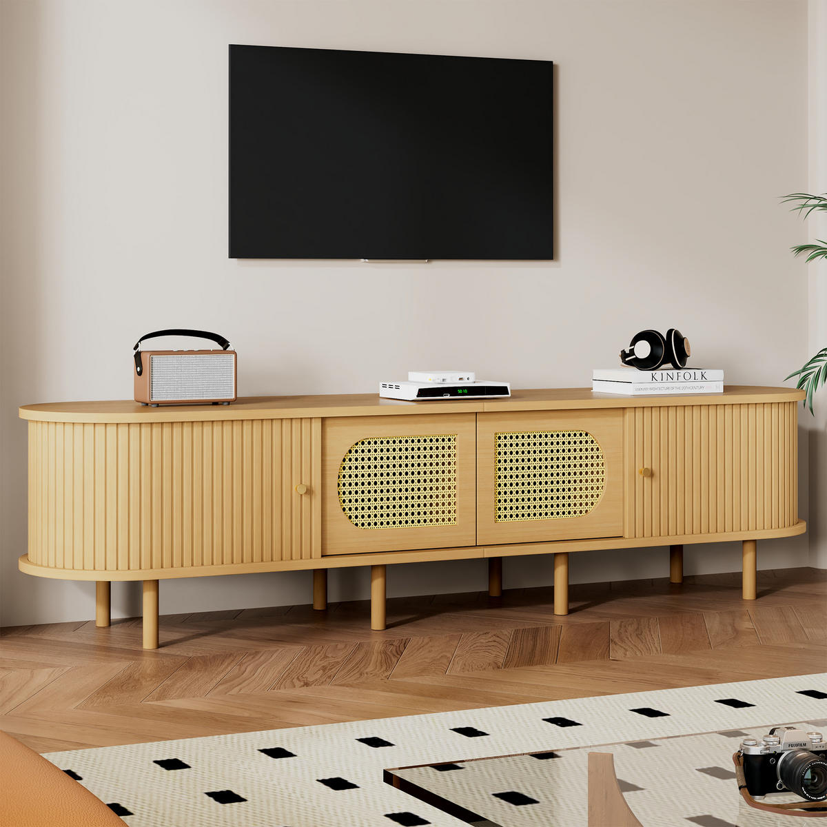 TV-SCHRANK 180/40/40 cm Helles Holz mit Rattan-Design und 4 Türen - Naturfarben, Holzwerkstoff (180/40/40cm) - Oxeza