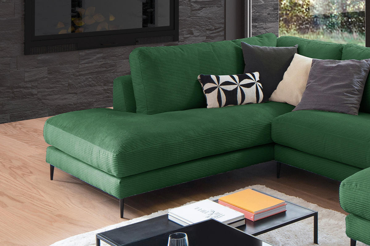 WOHNLANDSCHAFT CARA Smaragdgrün Cord - Smaragdgrün/Schwarz, Textil (341/84/223cm) - KAWOLA