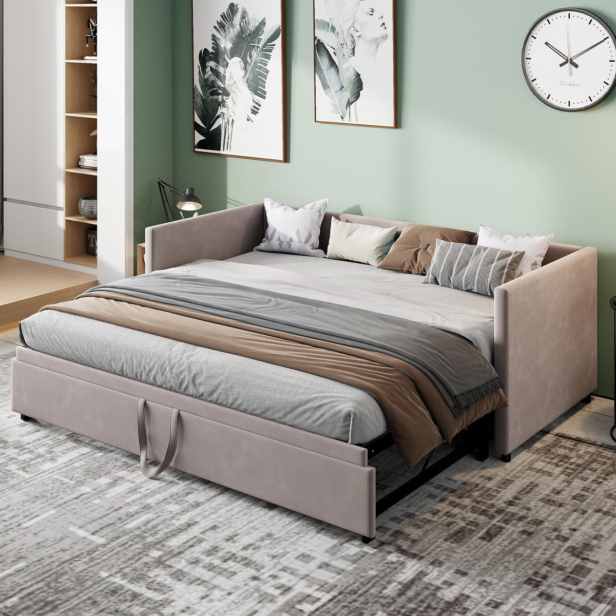 SCHLAFSOFA Samt grau ausziehbar mit Gästebett Funktion 3-fach umwandelbar Tagesbett mit Rollen - Grau, Metall (183/74/213cm) - Joyfair