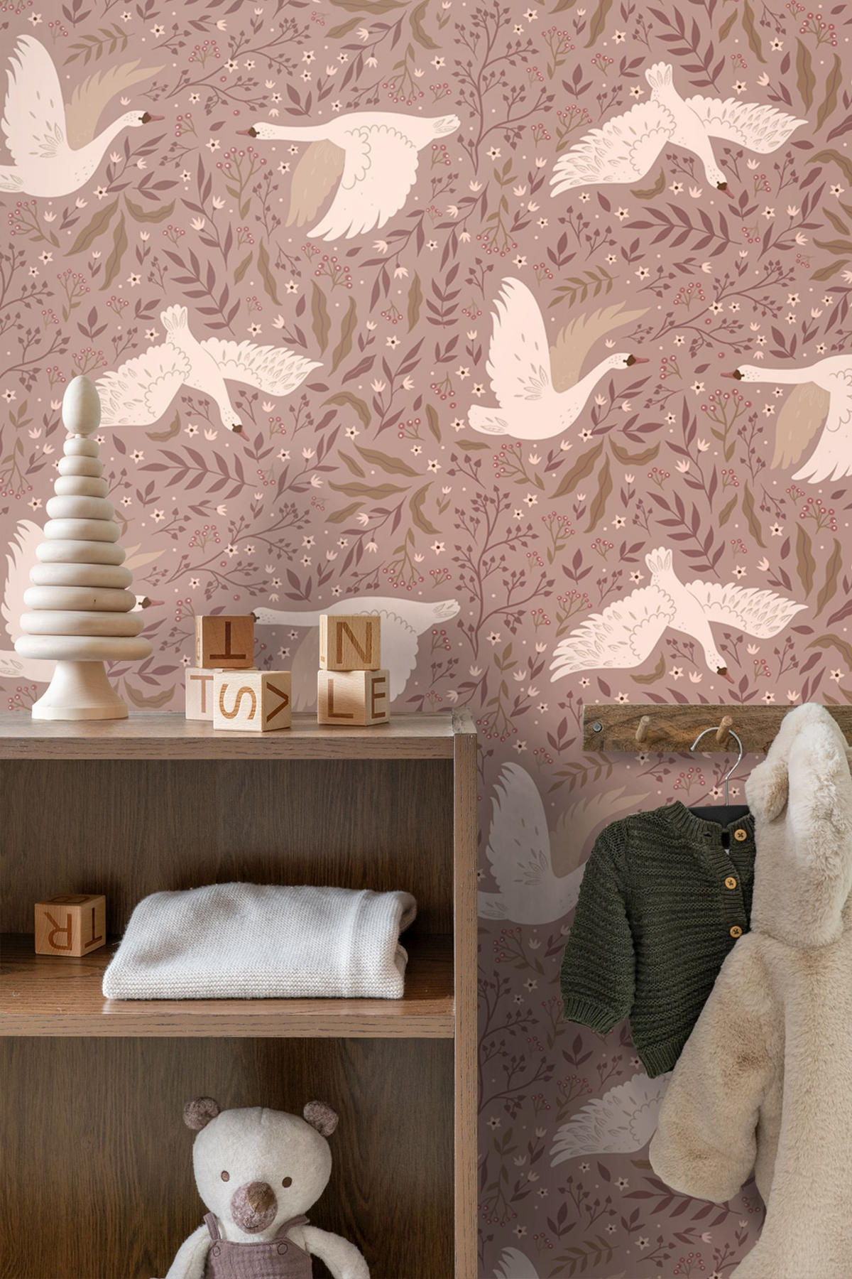 TAPETE Schwäne 0.53 x 10.05 m - Lila, Papier (53/0.1cm) - ESTAhome