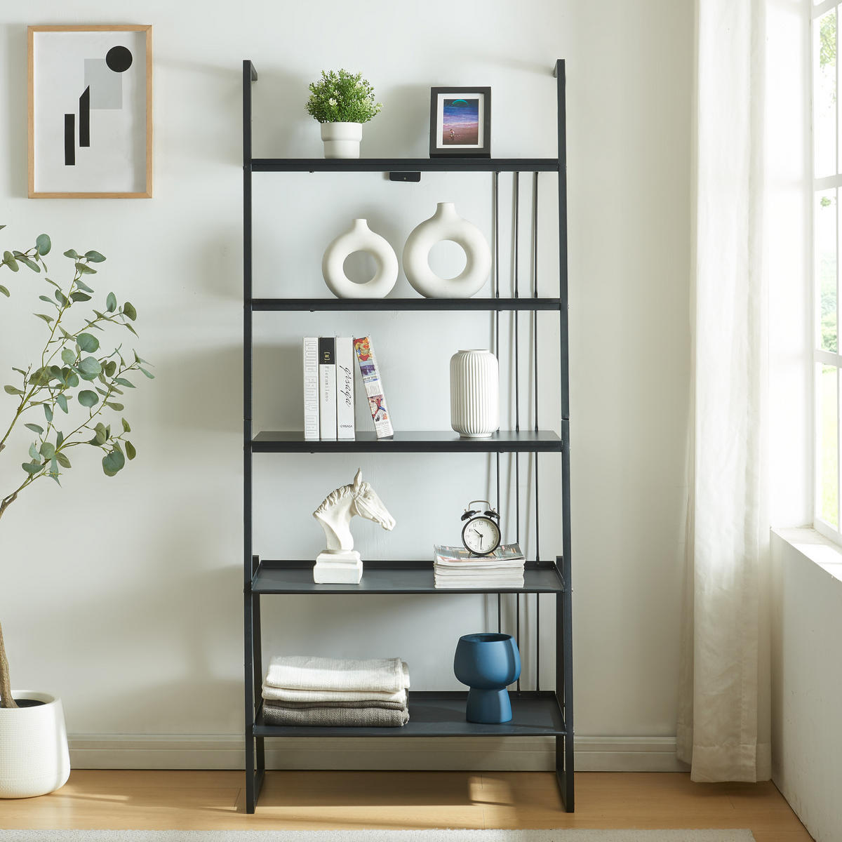 LEITERREGAL Storfjord - Schwarz, Holzwerkstoff/Metall (80/183.5/40cm) - [en.casa]
