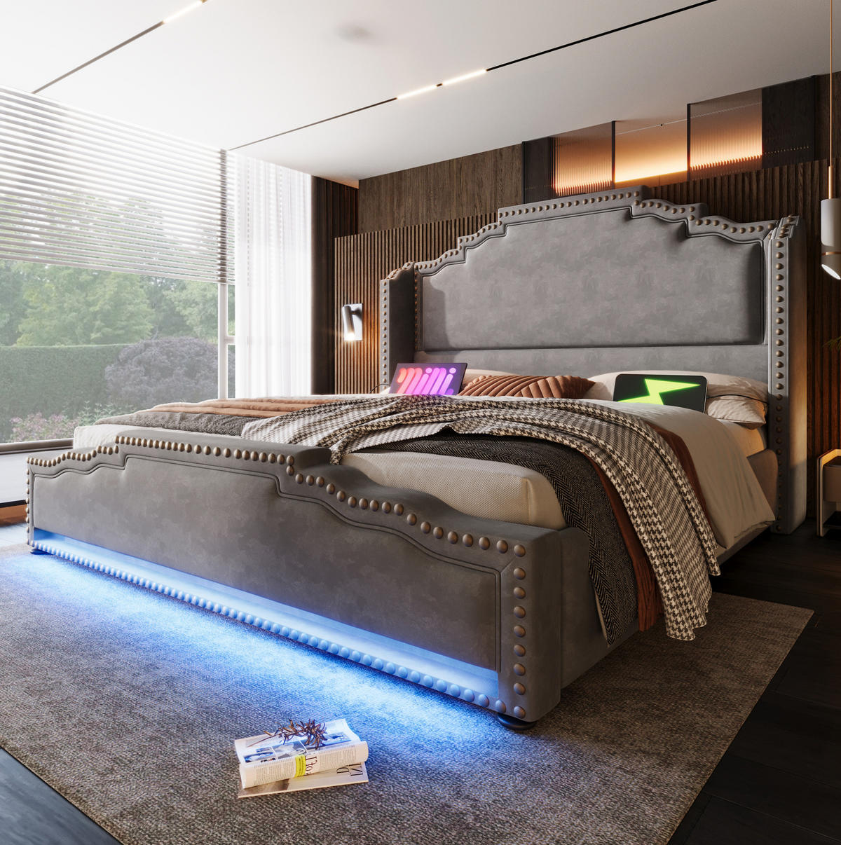 POLSTERBETT 140/200 cm mit 4 Schubladen, LED-Beleuchtung, USB- und Type-C-Anschluss, Samt, Grau - Grau, Textil (140/200cm) - Redom