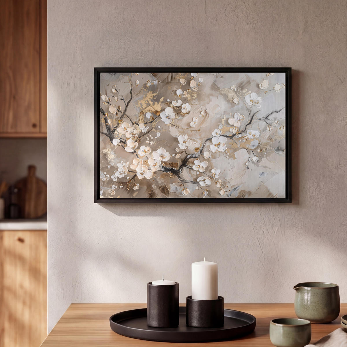 LEINWAND Bilder mit Rahmen - Blumen - Weiß - Gold - Beige - Luxus - 30x20 - Greige, Textil (30/20cm) - MuchoWow