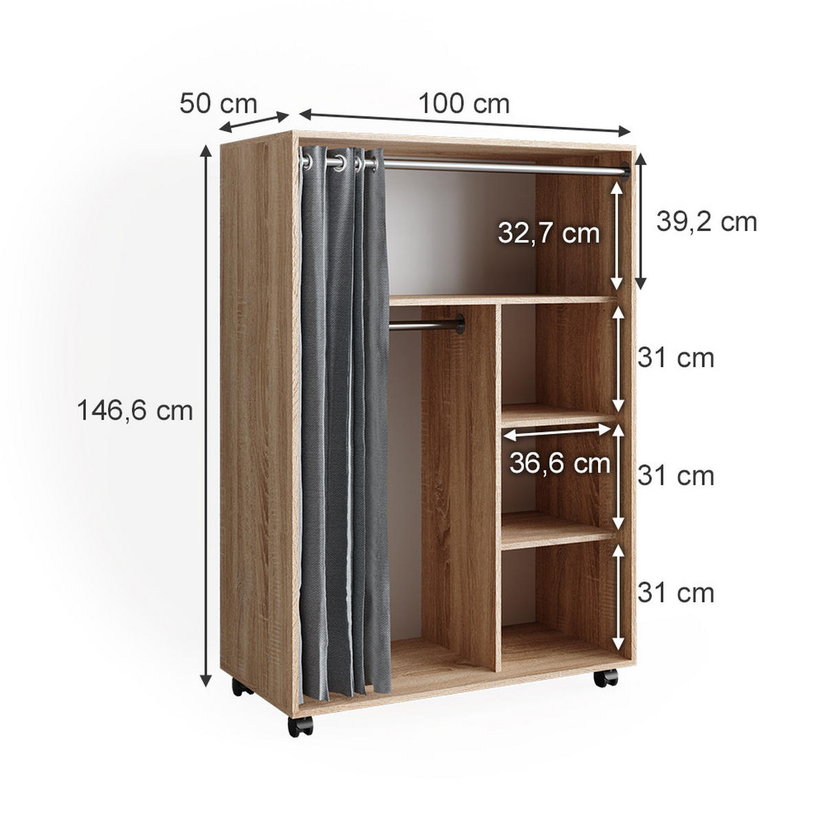 KLEIDERSCHRANK Doros Sonoma 100 x 146.6 cm offen rollbar - Sonoma Eiche, Holzwerkstoff (100/146.6/50cm) - Vicco