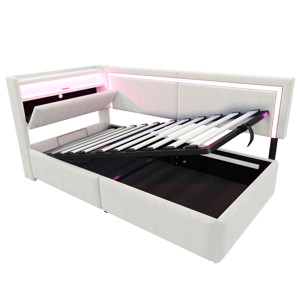 ROZKLADACIA posteľ 90/200 cm béžová zo zamatu s LED osvetlením USB portmi a úložným priestorom - béžová, textil (90/200cm) - OKWISH