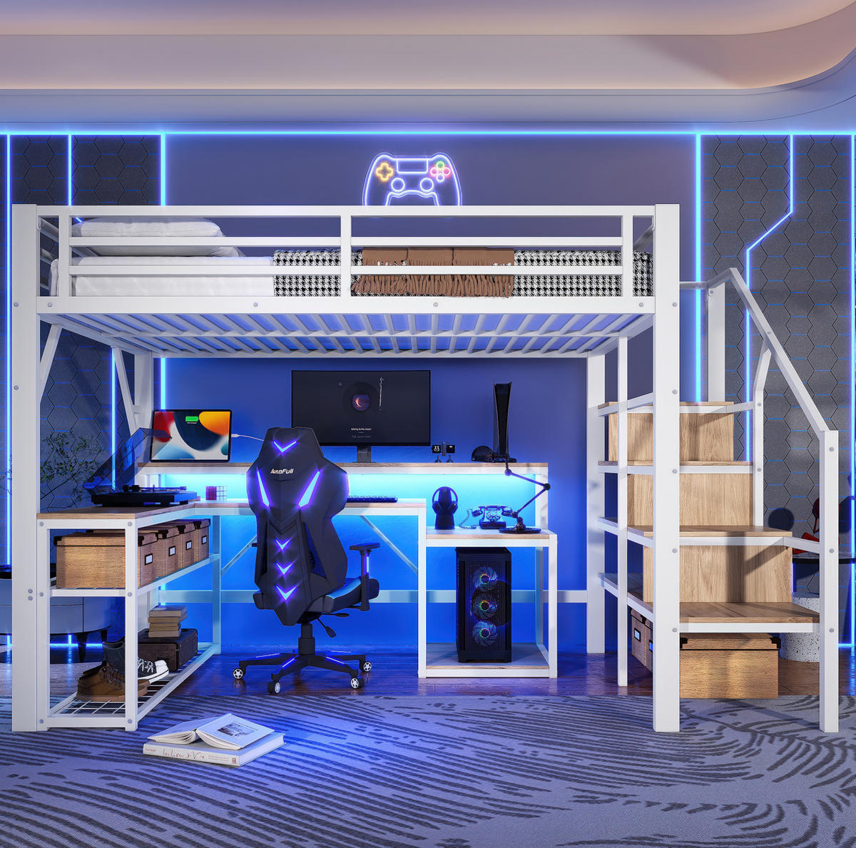 HOCHBETT aus Metall und MDF 140x200 cm Weiß mit Schreibtisch, LED-Leiste, USB-Anschlüssen und Stauraum - Weiß, Metall (140/200cm) - IVMEU