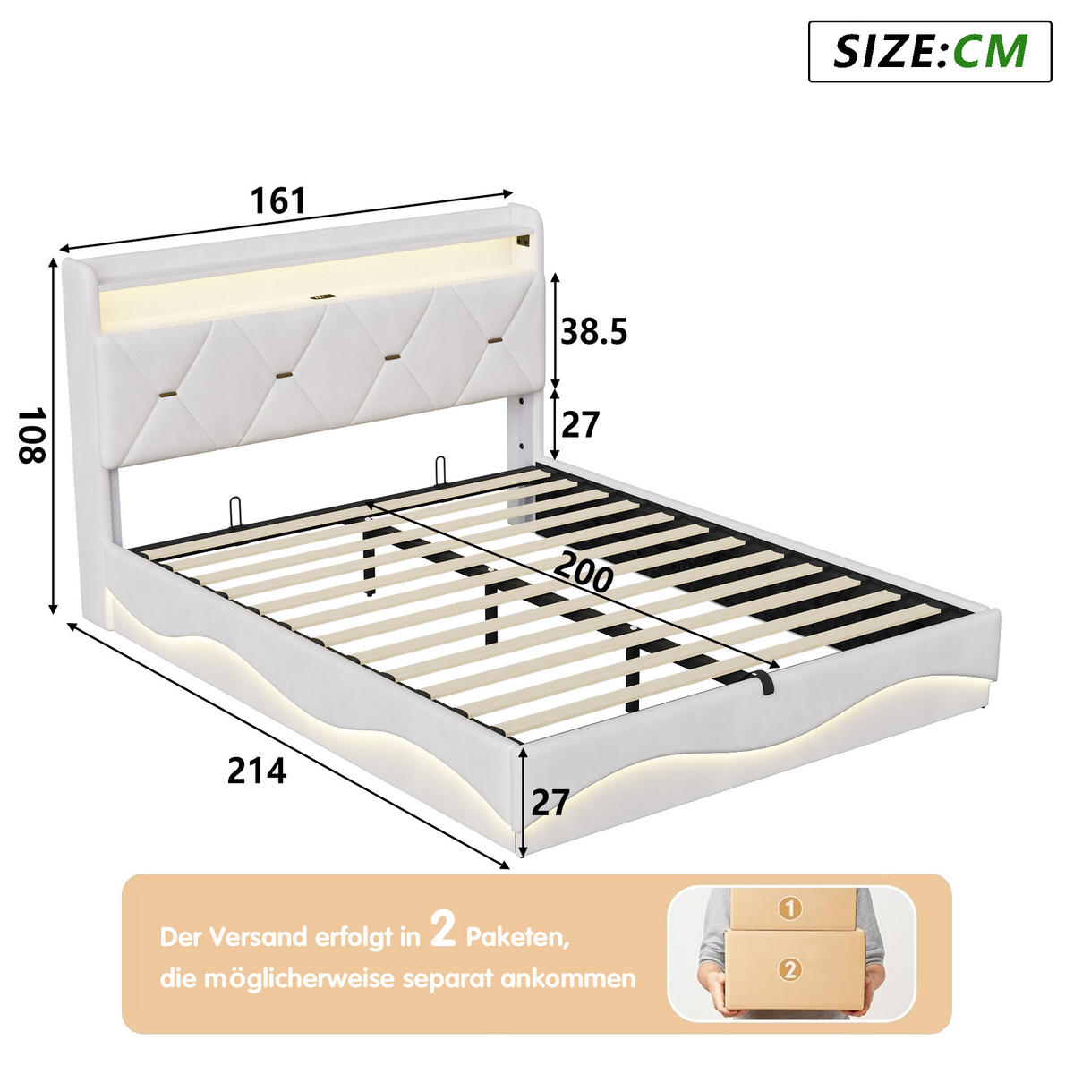 POLSTERBETT 160x200 cm mit Bettkasten, hydraulischer Stauraum, LED, USB & Type-C, Kopfteil mit Ablage und Lattenrost, Beige - Beige, Metall (160/200cm) - EuroLiving