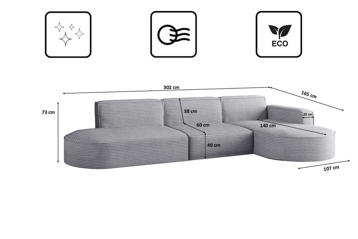 ECKSOFA Designer, Sofa L form MODENA 302 cm stoff Poso Hellgrau Rechts - Hellgrau, Holz (302/296cm) - Kaiser Möbel