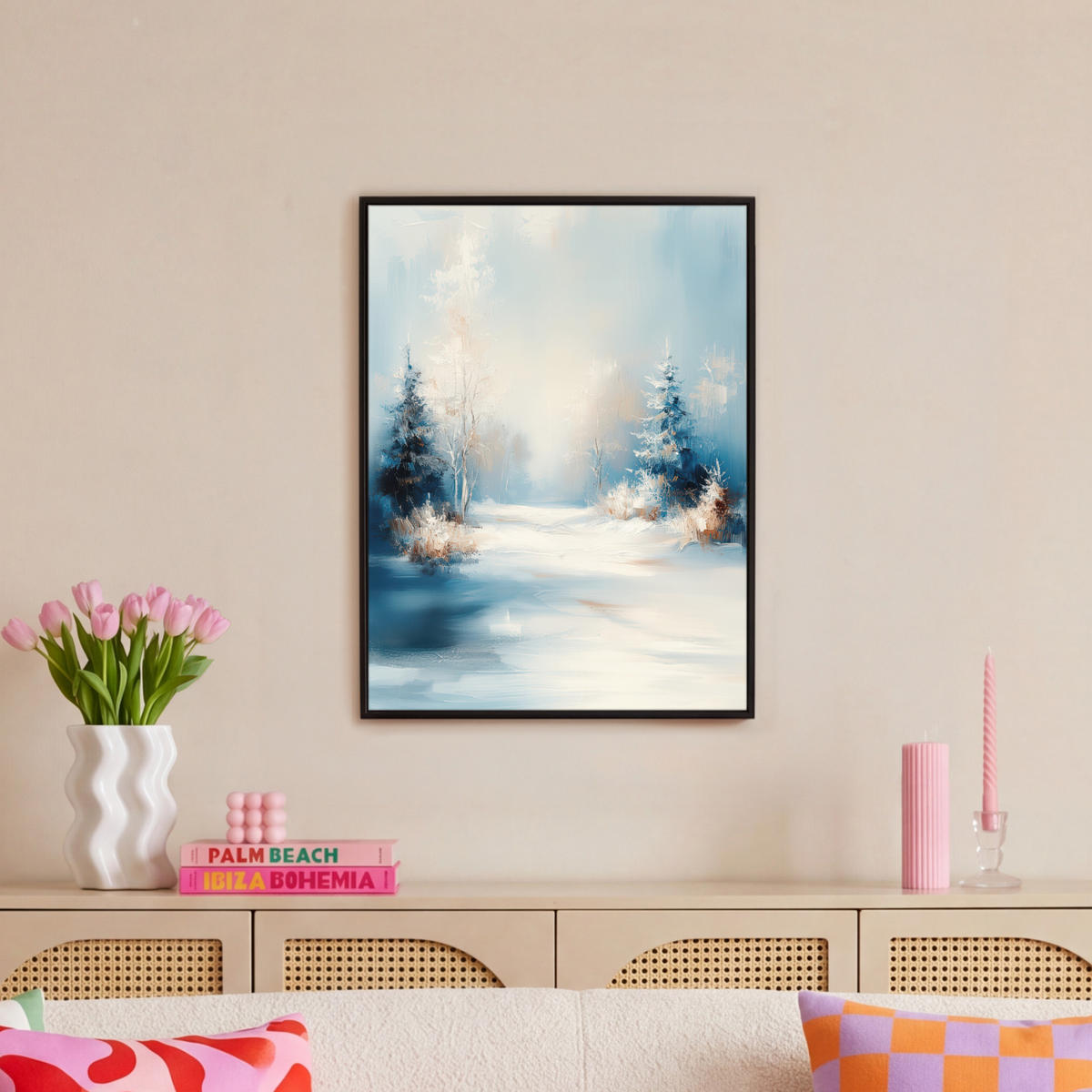 LEINWAND Bilder mit Rahmen - Wald – Winter – Natur – Abstrakt – Schnee - 60x80 - Weiß, Textil (60/80cm) - MuchoWow