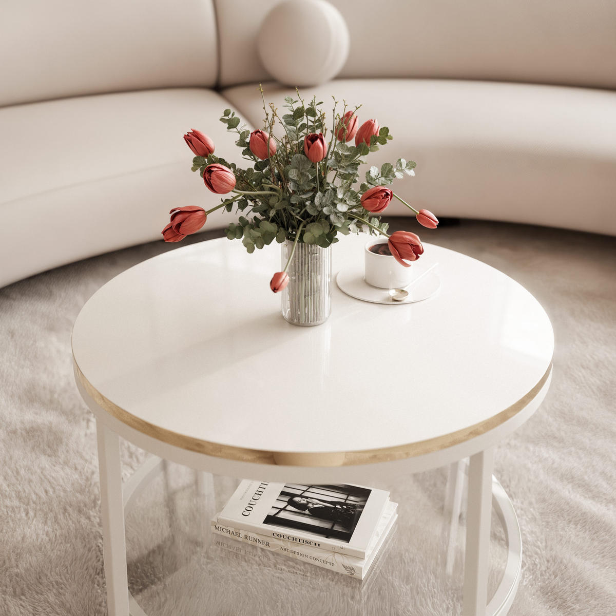 COUCHTISCH CANDY 60/42 cm runden, Weiß / Weiß Hochglanz / Gold - Weiß Hochglanz/Weiß, Metall (60/60/42cm) - Idohome