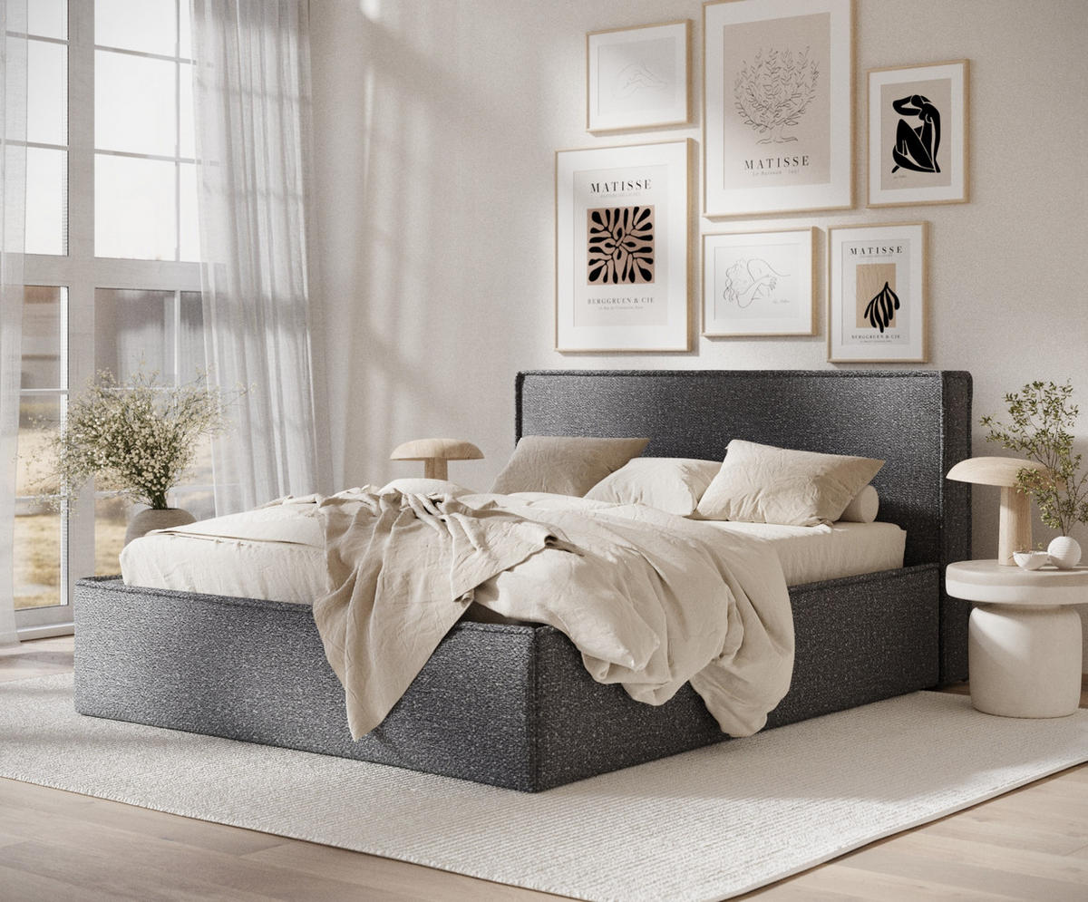 POLSTERBETT Lounge Dunkelgrau 160/200 cm im Plüschstoff - Dunkelgrau/Naturfarben, Holz/Holzwerkstoff (160/200cm) - Maison de Reve