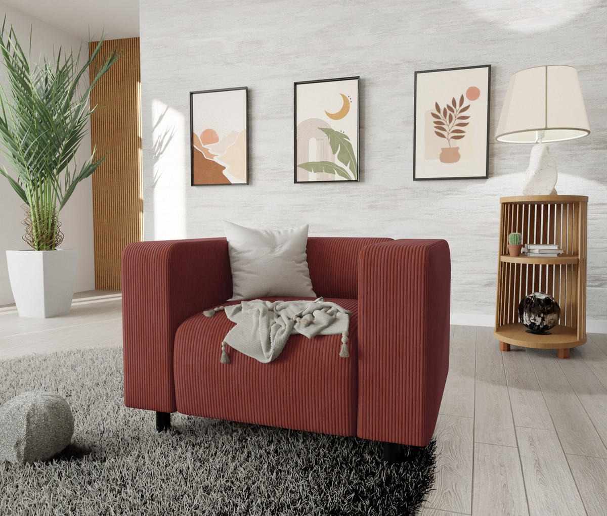 SITZGARNITUR 3+2+1 Tove Terrakotta Cord - Terra cotta/Schwarz, Holz/Kunststoff (175/65/80cm) - S-Style Möbel