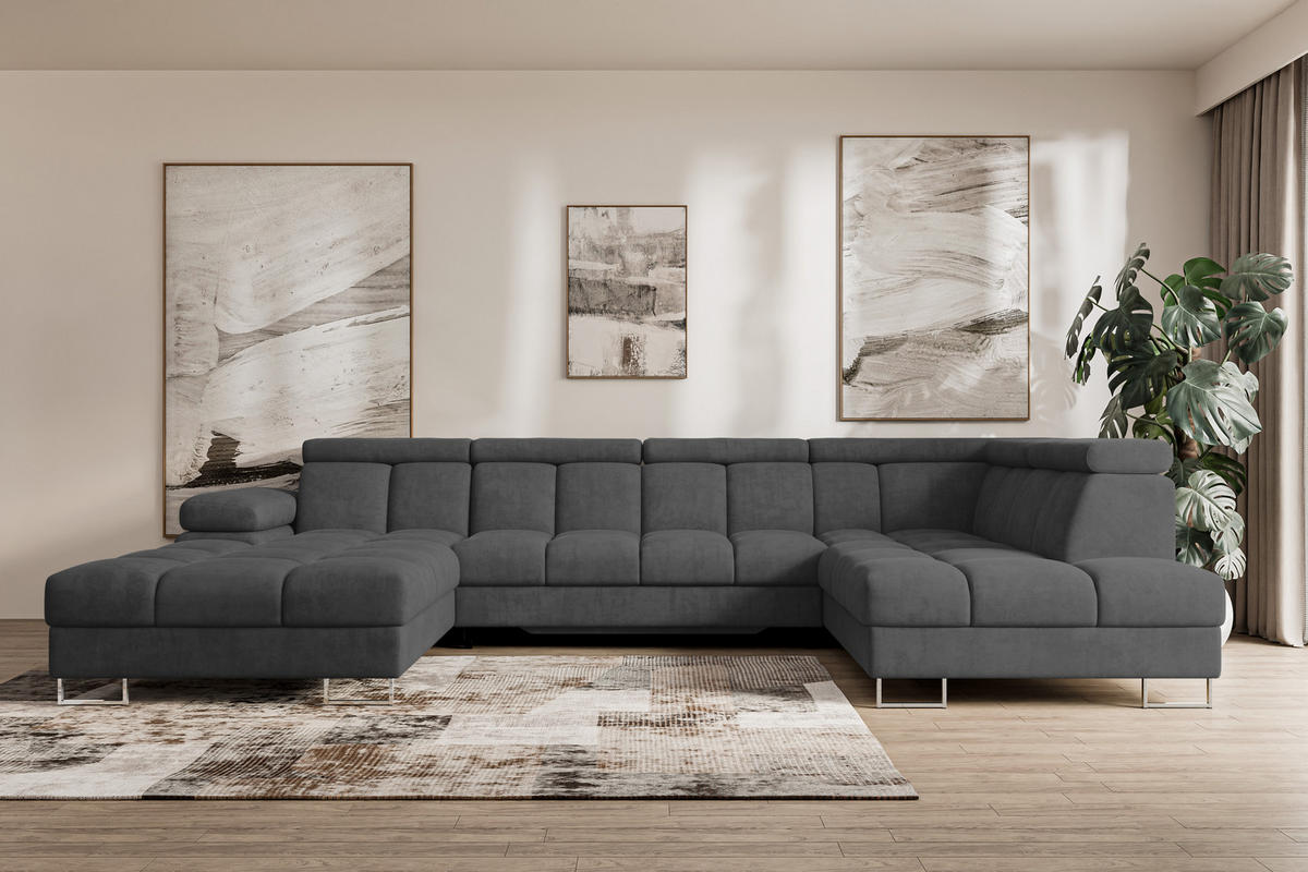 WOHNLANDSCHAFT mit Schlaffunktion und Bettkasten Ottomane RECHTS COMA U 345x203x79 Dunkelgrau Velours - Dunkelgrau, Holzwerkstoff/Textil (203/79/345cm) - ALTDECOR