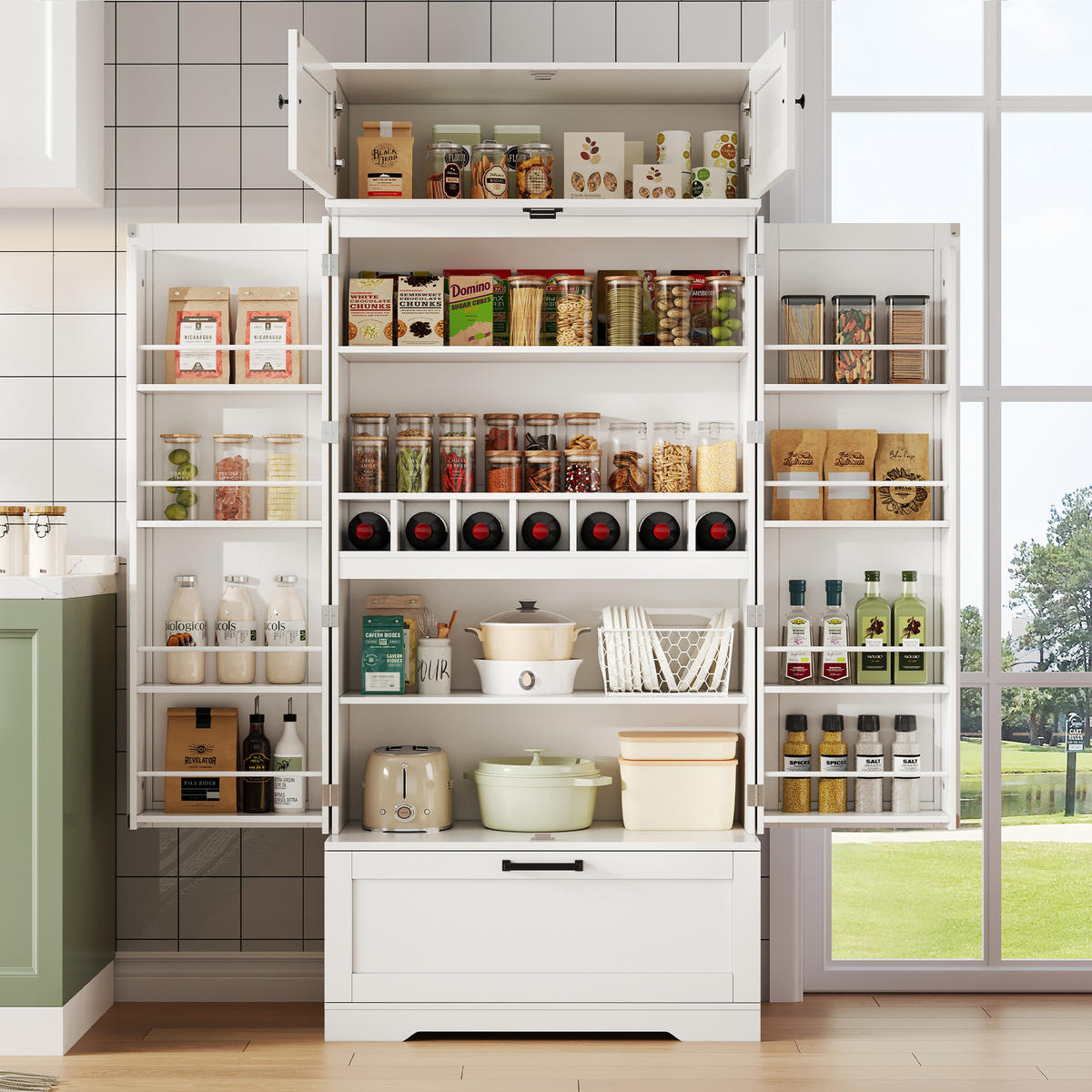 BUFFET 80/40/180 cm weiß aus MDF mit Weinregal - Weiß, Holzwerkstoff (80/180/40cm) - OKWISH