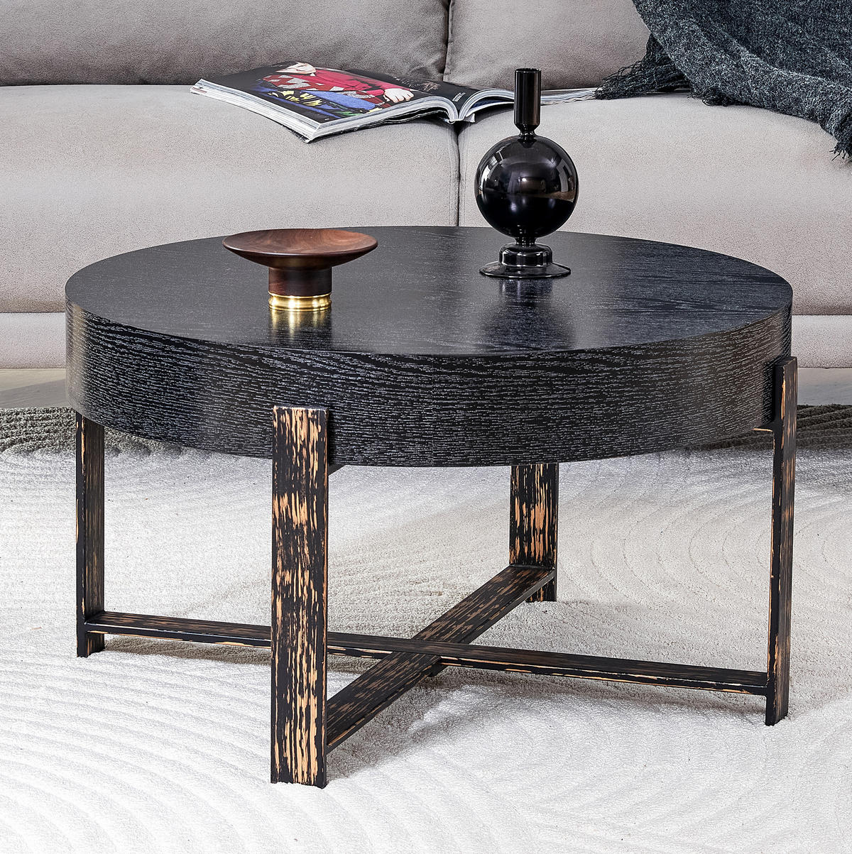 BEISTELLTISCH 68/39 cm in Schwarz mit Holzoptik und Metall-Kreuzgestell - Schwarz, Holzwerkstoff (68/68/39cm) - Flora Grace