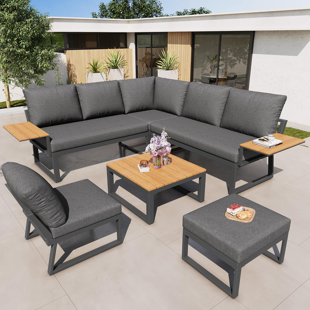 LOUNGESET, 7 Personen, Eisen, Ecksofa, Holztisch, Grau - Grau, Metall - FLIEKS