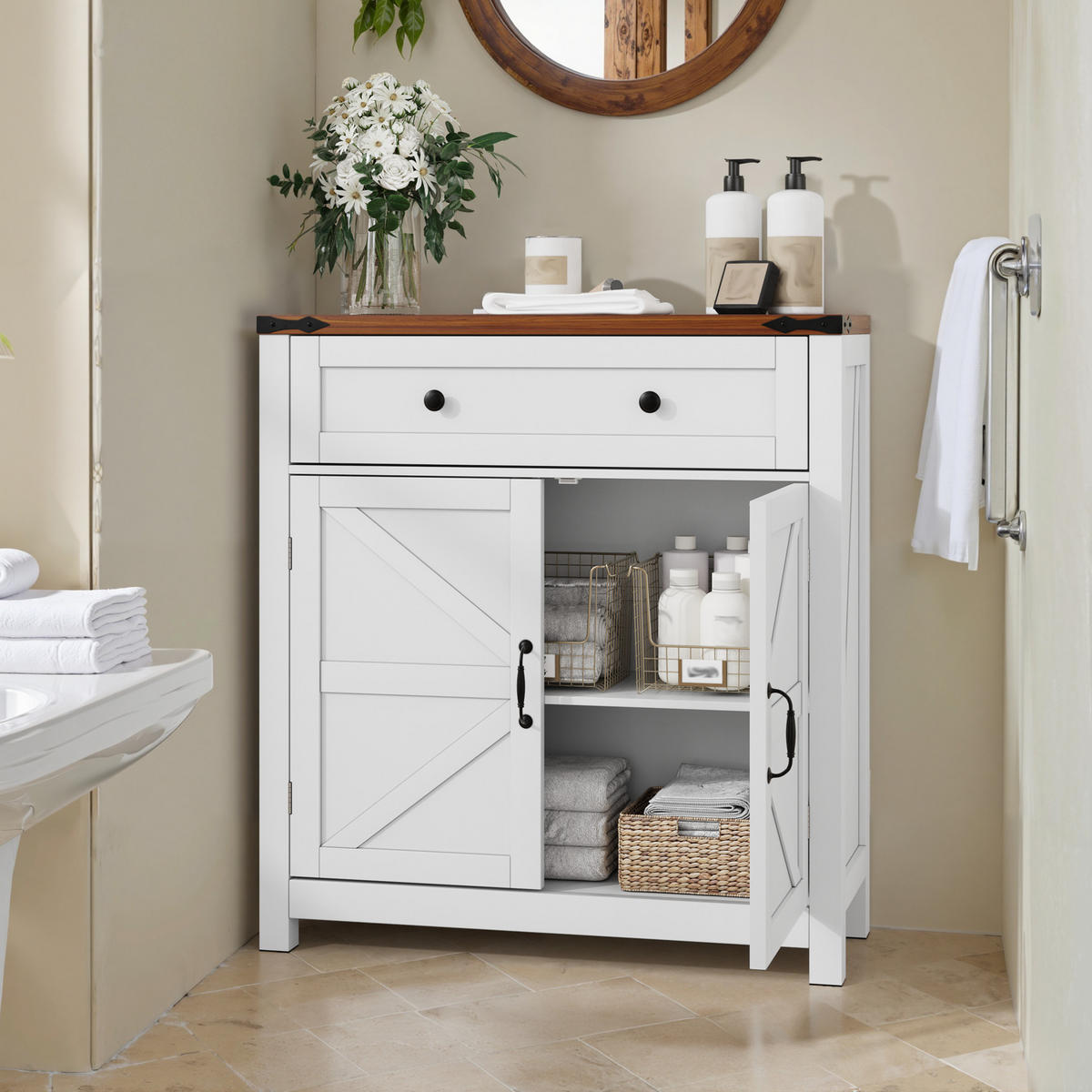 SIDEBOARD 76/30/83 cm mit 2 Türen & Schublade in Weiß mit Walnuss-Optik - Weiß, Holzwerkstoff (76/83/30cm) - BEAOK
