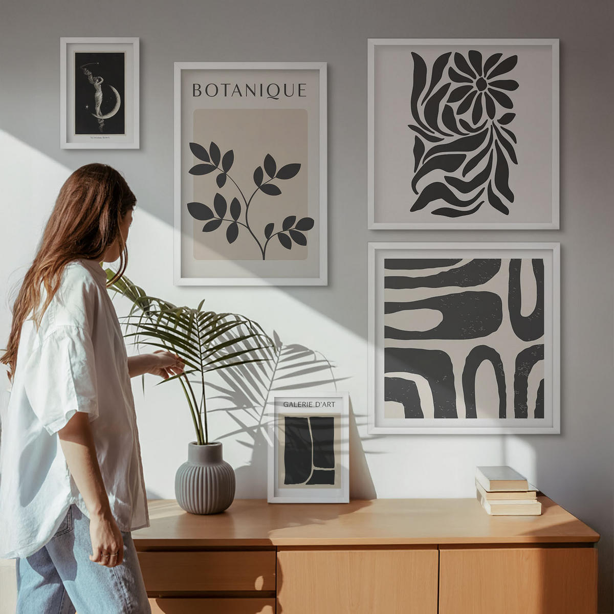 WANDBILDER 5er-Set - 50x50 cm & 20x30 cm & 40x60 cm Weißer Rahmen - Abstrakte Pflanzenmuster - Weiß, Kunststoff (40/60cm) - ArtPrintCave