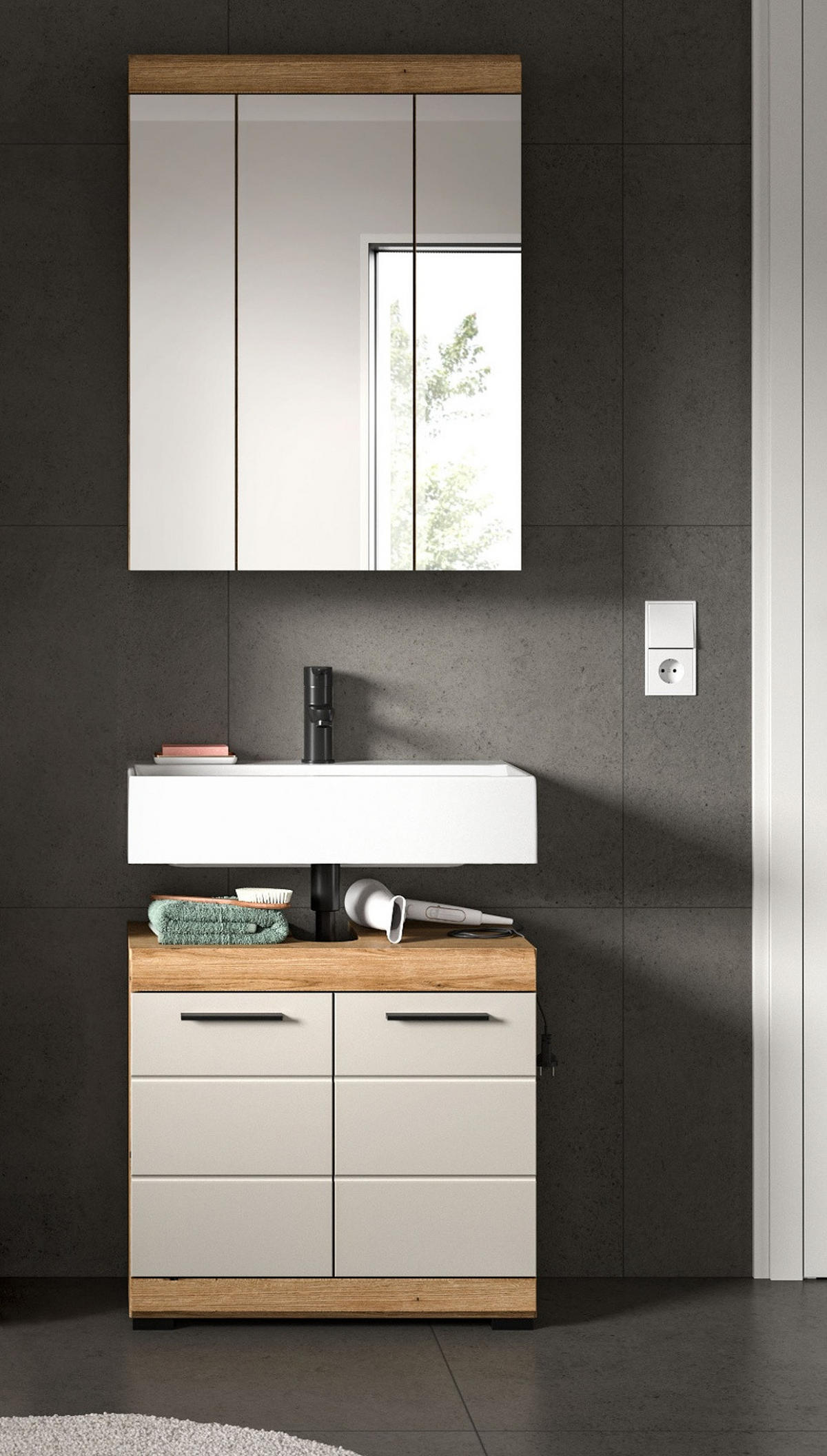 BADMÖBEL-SET 2-teilig Sand Kaschmir, Evoke Eiche, Badkombination 60 x 191 cm - Kaschmir/Eichefarben, Glas/Holzwerkstoff (60/191/34cm) - Inn.Furn