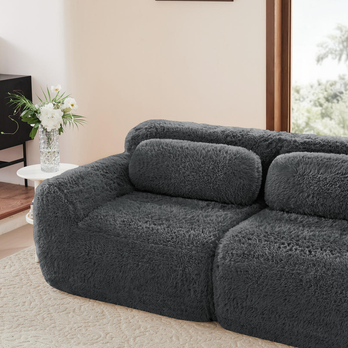 2-SITZER Sofa aus Plüschstoff, rahmenlos und modular mit Kissen, Grau - Grau, Textil (204/73/104cm) - Redom