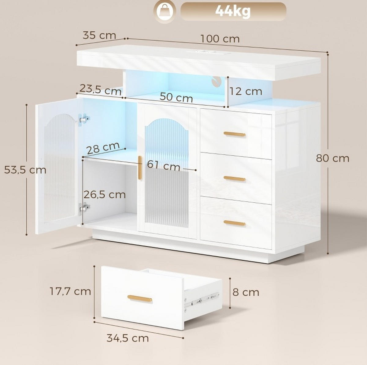 SIDEBOARD aus Holz 100x35x80 cm Weiß mit RGB-LED, 3 Schubladen, Steckdosen und USB-Anschlüssen - Weiß, Holz (100/80/35cm) - IVMEU