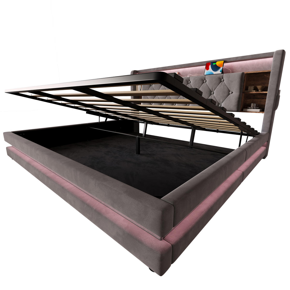BOXBETT 180/200 mit LED/USB, Kopfteil-Regal & Hydraulik, Samt, Dunkelgrau - Dunkelgrau, Holz (180/200cm) - LVHOM