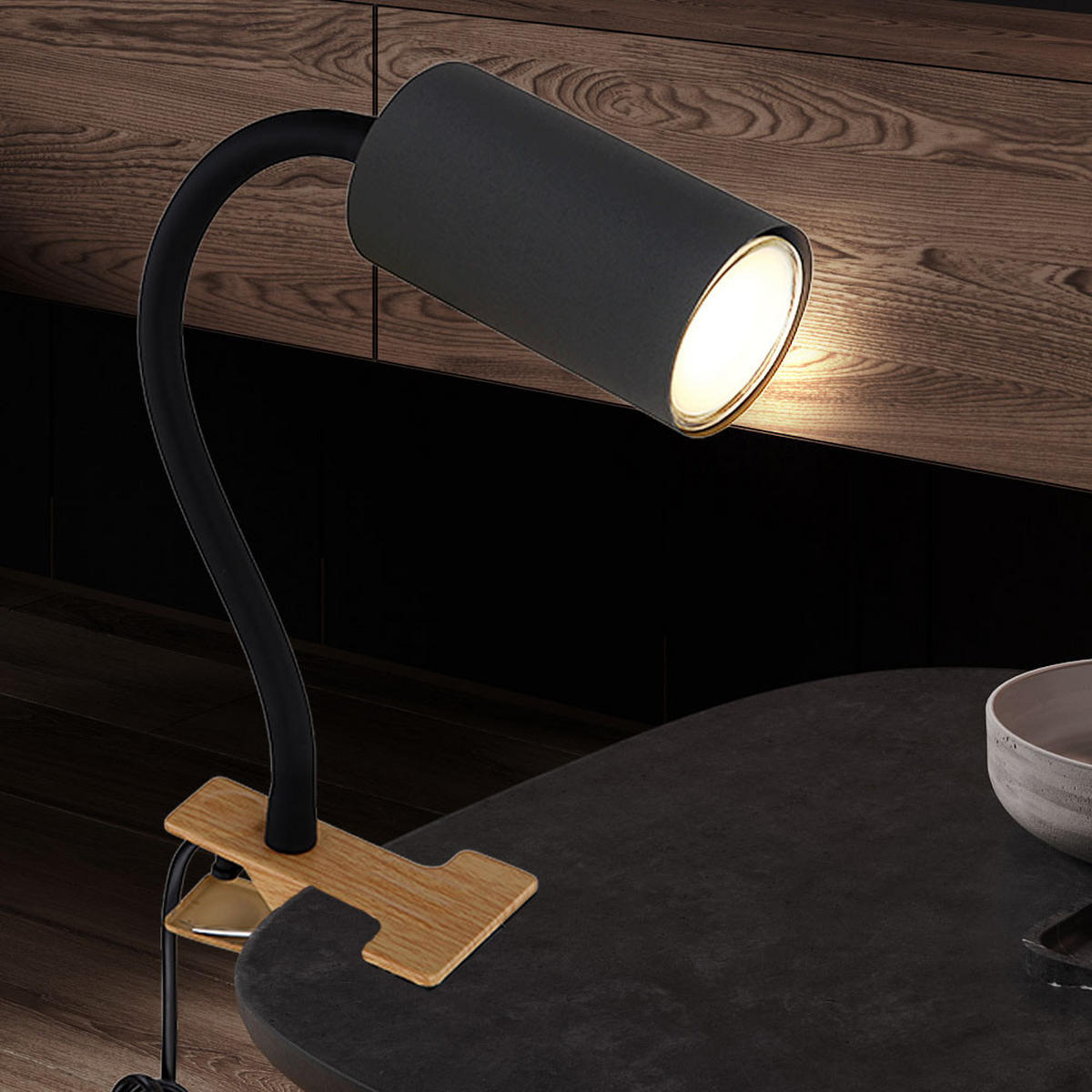 TISCHLEUCHTE Holzoptik Schwarz Flexibler Arm - Schwarz, Metall (29/10/41.5cm) - Globo Lighting