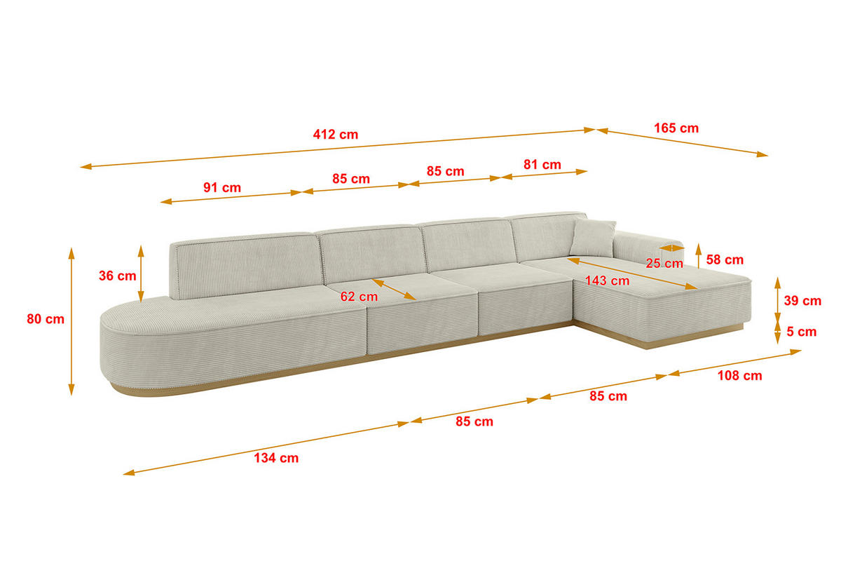 ECKSOFA Ottomane Rechts IREA-L3-v2 - 412x165x80 cm Hellgrau - Ecru/Perlmutt, Holzwerkstoff/Textil (412/165cm) - ALTDECOR