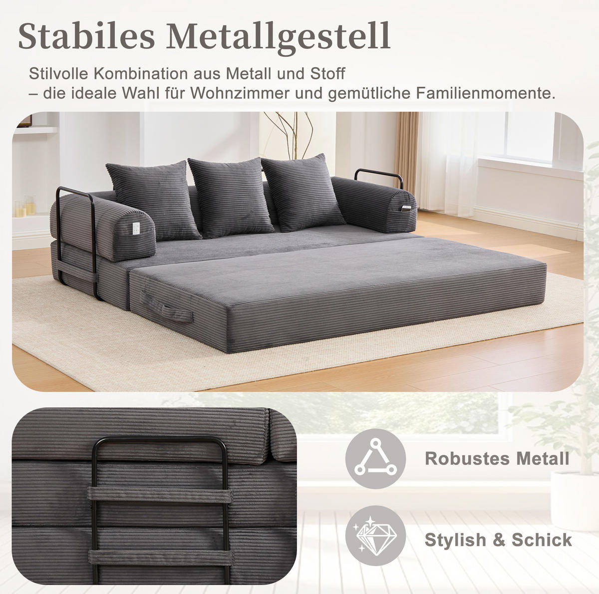 SOFA 200/94/67 cm aus Cord mit Metallgestell und 3 Kissen Dunkelgrau - Dunkelgrau, Textil (94/67/200cm) - Modenvie