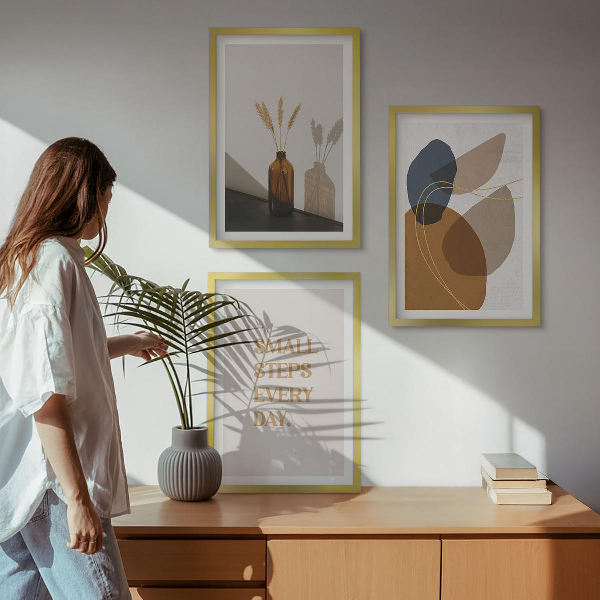 WANDBILDER 3er Set - 40x60 cm Goldrahmen - Set abstrakter Formen - Goldfarben, Kunststoff (40/60cm) - ArtPrintCave