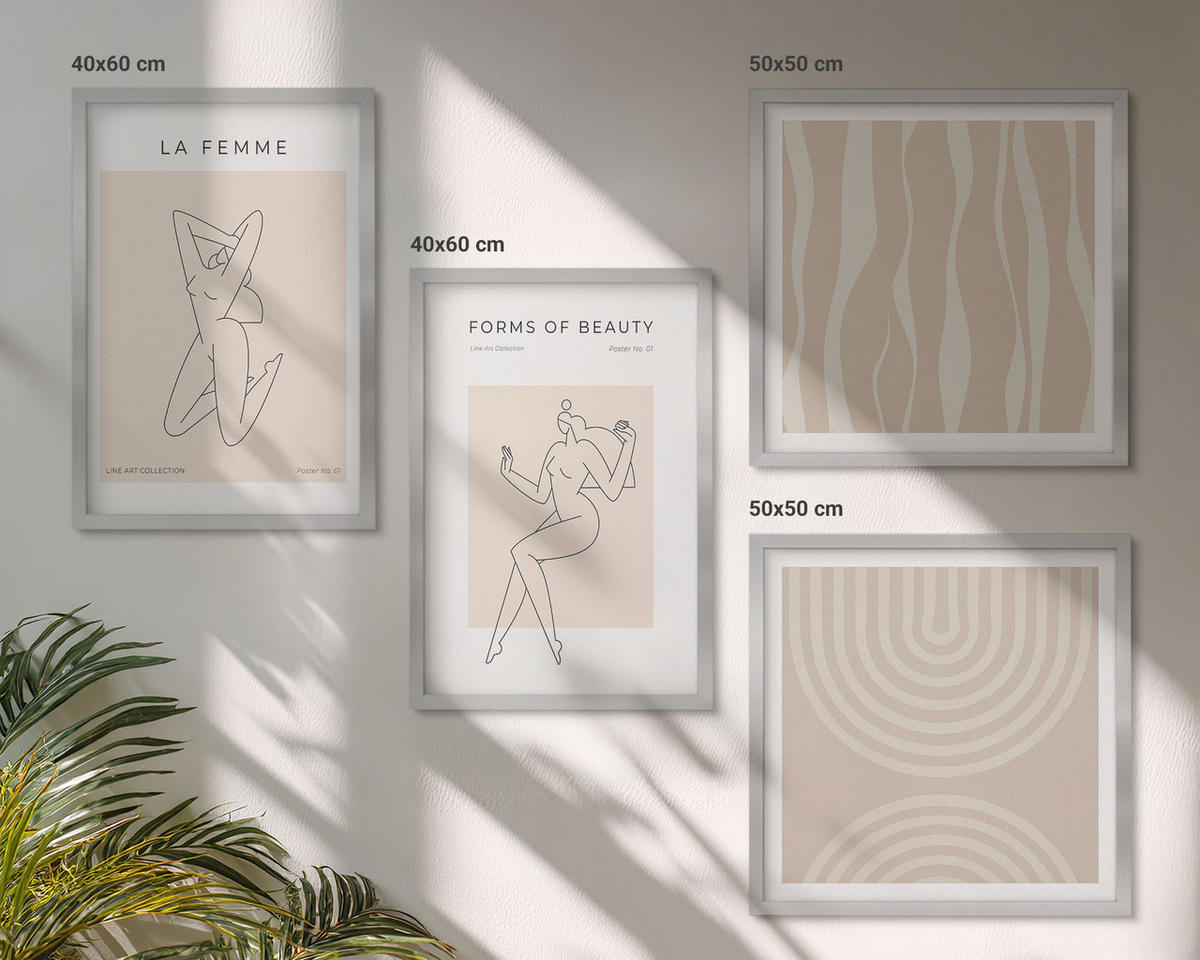 BILDER SET 4er Set - 50x50 cm & 40x60 cm Silberner Rahmen - Eine Sammlung minimalistischer Formen - Silberfarben, Kunststoff (50/50cm) - TULUP