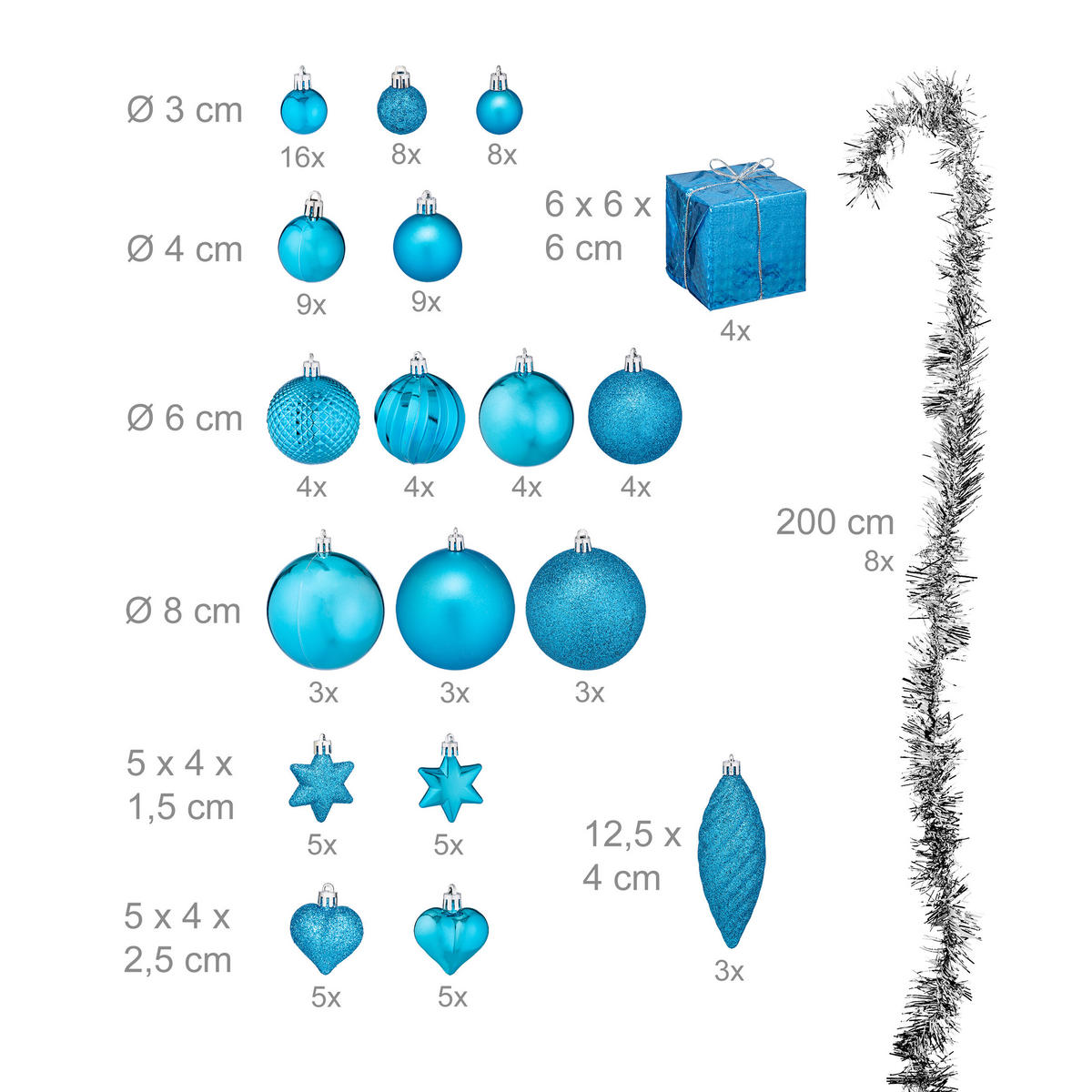 WEIHNACHTSKUGELN-SET 110-tlg. - Türkis, Kunststoff (8/9/8cm) - Relaxdays