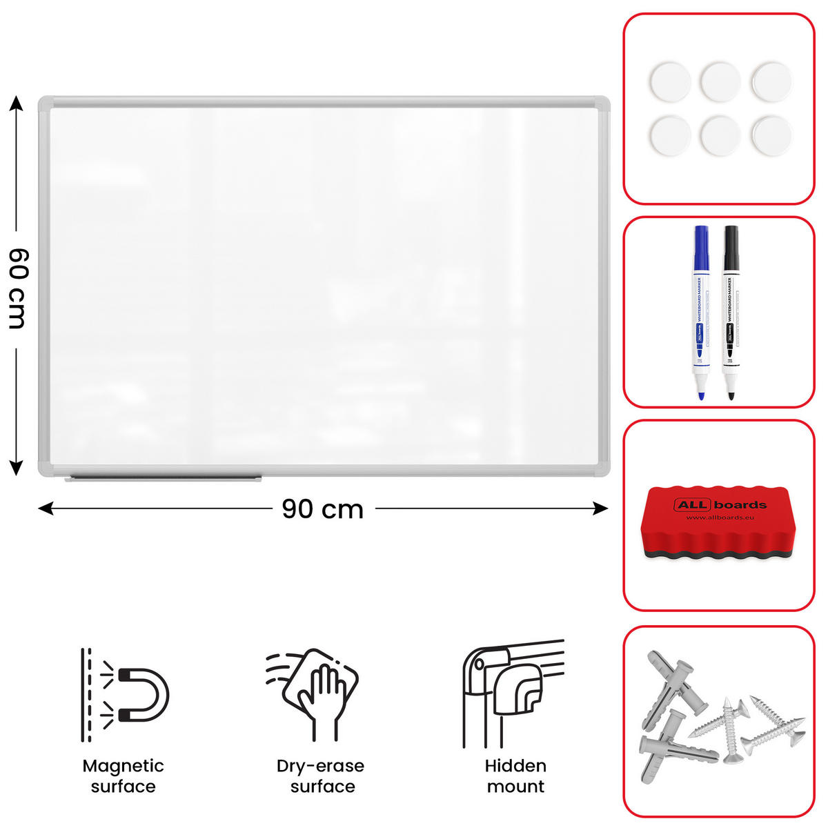 WHITEBOARD 90x60cm Magnetisches PREMIUM EXPO Alurahmen - Weiß, Metall (90/60/1.6cm) - ALLboards