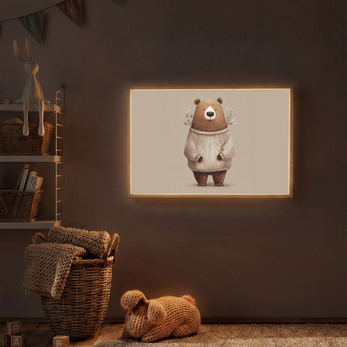 DOBÍJECÍ NOČNÍ LAMPIČKA Medvěd - Bílé květy - Cosy 100x70 cm - šedohnědá, kompozitní dřevo (8/100/70cm) - OnlyWow