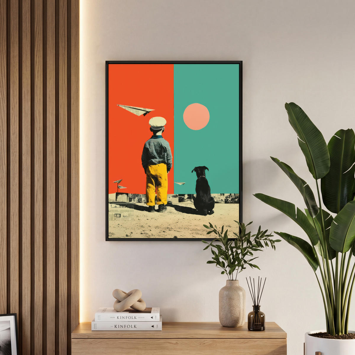 LEINWAND Bilder mit Rahmen - Retro - Junge - Hund - Rot - Grün - 50x70 - Orange, Textil (50/70cm) - MuchoWow