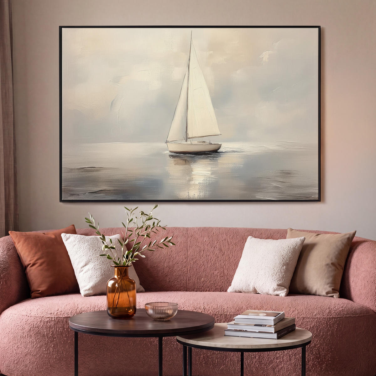 LEINWAND Bilder mit Rahmen - Segelschiff - Meer - Bewölkt - 120x80 - Creme, Textil (120/80cm) - MuchoWow